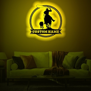 Personalized Cowboy Cattle Roping  Wood WallArt Rgb led Light,Custom Cowboy Neon Name Sign Decor,Personalized Cowboy name lightup wall decor