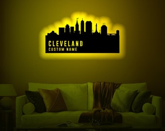 Personalized Cleveland Silhouette Wood WallArt Rgb led Light, Cleveland Silhouette Neon Name Decor,Personalized Cleveland lightup wall decor