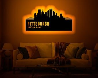 Personalized Pittsburgh Silhouette Wood Wall Art with Rgb Light, Custom Pittsburgh Silhouette Neon Name, Pittsburgh light up wall decor