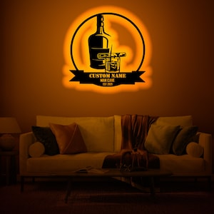 Personalisierte Whisky Holz WallArt Rgb LED-Licht, Whisky Zigarrenlounge Neon Name Schild Dekor, personalisierte Whisky Lounge Lichtwanddekor