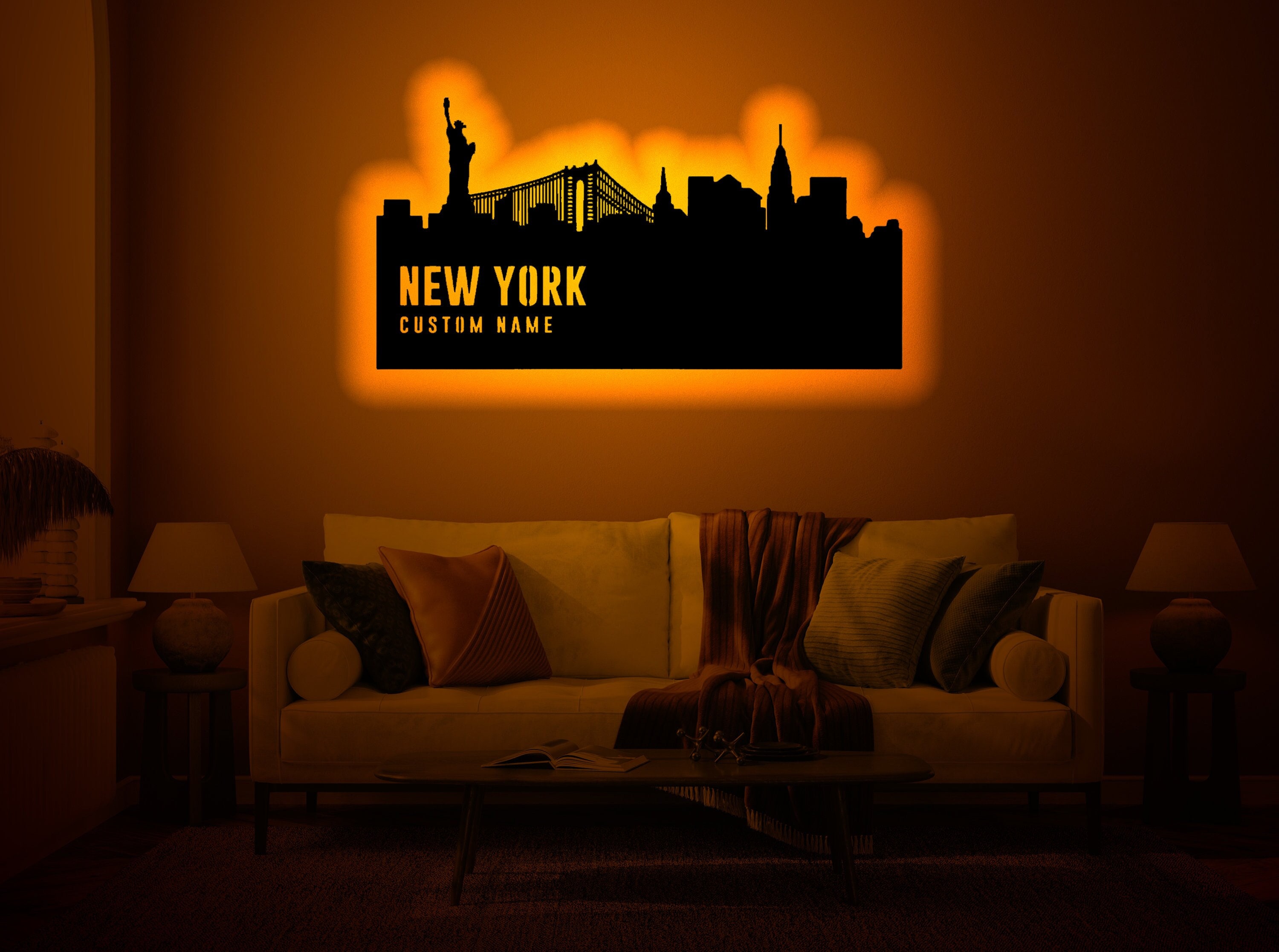 Personalized New York Silhouette Wood Wall Art with Rgb led Light, Custom New York Silhouette Neon Name, New York light up wall decor