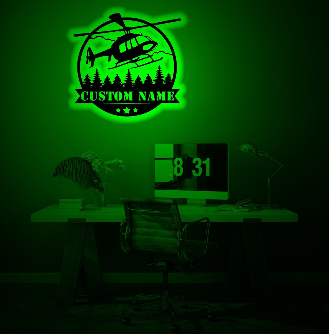 Custom Helicopter Wood Wall Art Rgb Led Light, Custom Helicopter Pilot Neon Name Sign