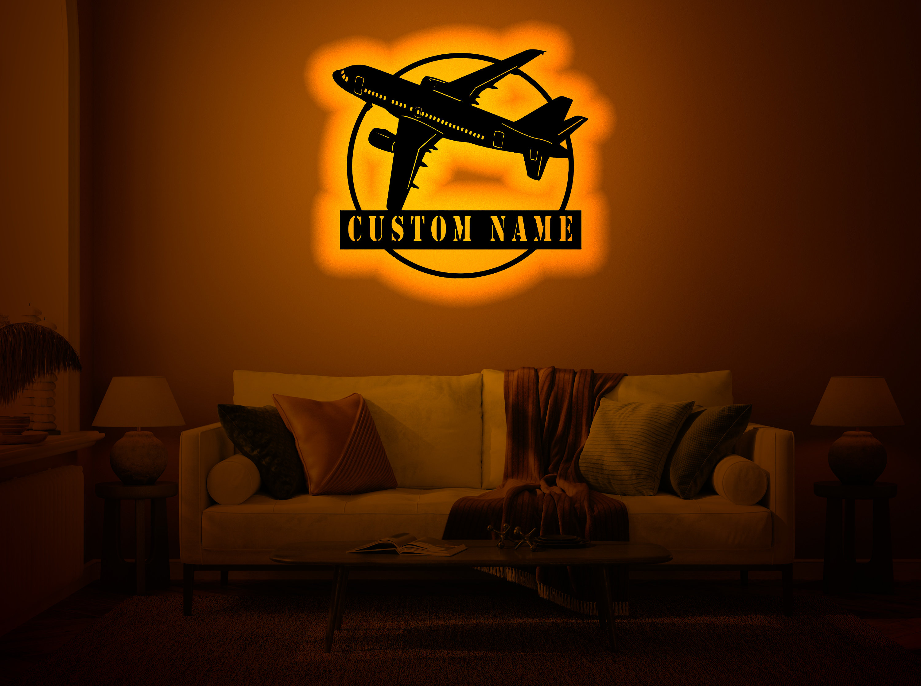 Custom Airplane Wood Wall Art Rgb Led Light, Custom Pilot Neon Name