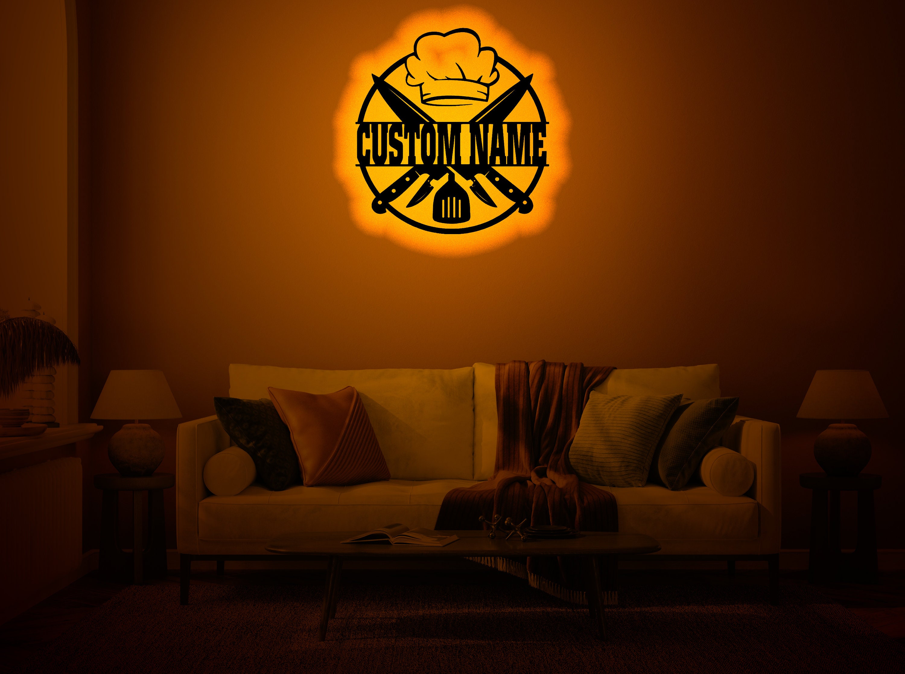 Personalized Chef Wood WallArt Rgb led Light, Custom Cook lounge Neon Name Sign Decor, Personalized Cook lightup  wall decor, Cook neon sign