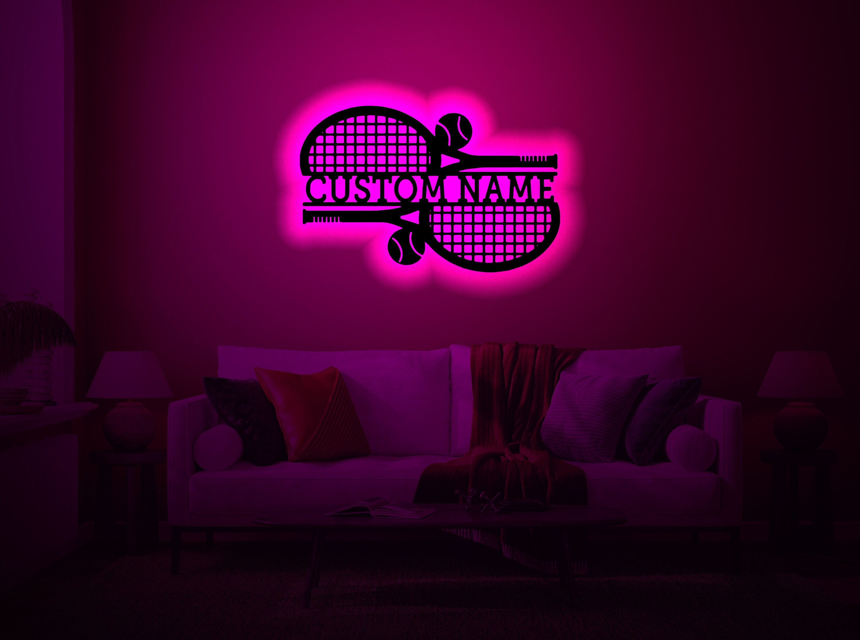 Custom Tennis Ball Racket Wood WallArt Rgb led Light, Custom Tennis Player Name Sign Decor, Personalized Tennis light up name sign walldecor