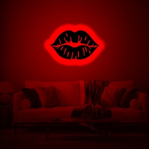 Lips Love Kiss Wood Wall Art Rgb led Light, Lips Neon Name Sign Decor, Lips light up name sign wall decor, Lips neon wall decor