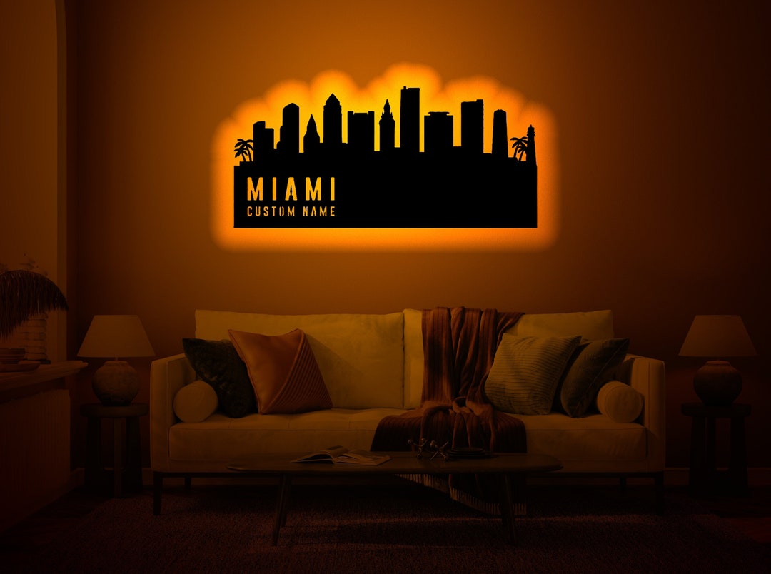 Personalized Miami Silhouette Wood Wall Art With Rgb Led Light, Custom