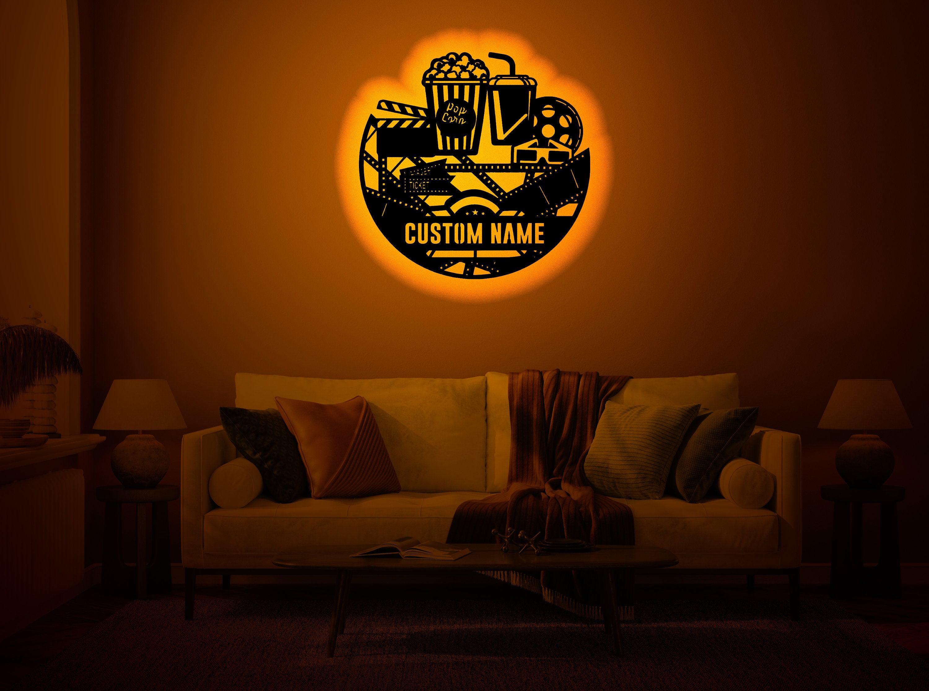 Personalized Movie and Popcorn Wood Wall Art With Rgb Led Light, Custom
