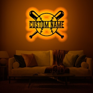 Custom Baseball Bat Wood WallArt Rgb led Light, Custom Baseball Player Name Sign Decor, Personalized Baseball light up name sign wall decor