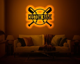 Custom Baseball Bat Wood WallArt Rgb led Light, Custom Baseball Player Name Sign Decor, Personalized Baseball light up name sign wall decor