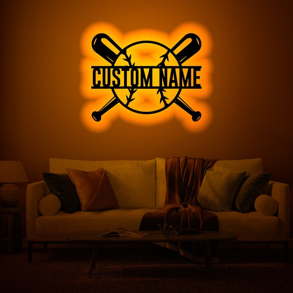 Batte de baseball personnalisée Wood WallArt RVB LED Light, Décor personnalisé du signe du nom du joueur de baseball, Baseball personnalisé illumine le décor mural du signe du nom