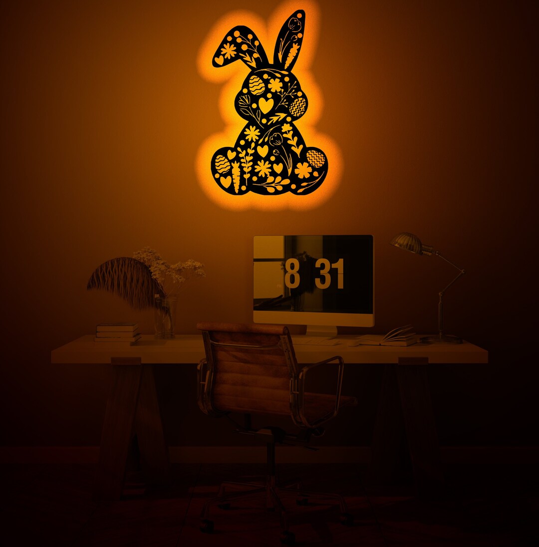 Floral Rabbit Wood Wall Art With Rgb Led Light, Floral Rabbit Name Sign ...