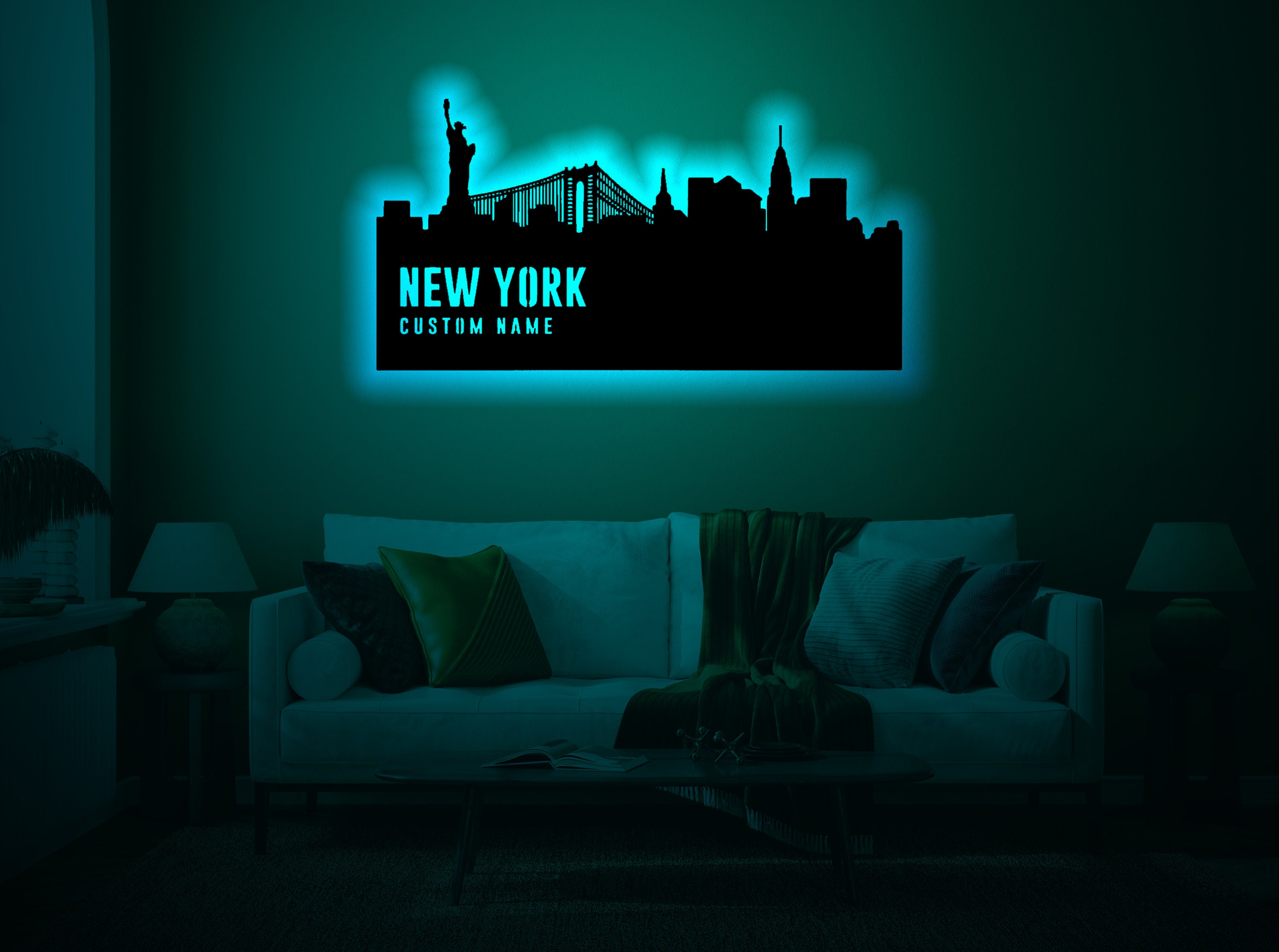Picture of Personalized New York Silhouette Wood Wall Art With Rgb Led Light ...
