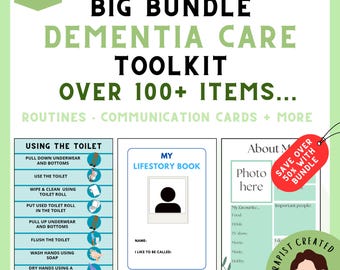 Pode incluir: Um pacote digital de ferramentas para cuidados com demência contendo mais de 100 itens, incluindo rotinas, cartões de comunicação e modelos. O gráfico exibe o título Big Bundle Dementia Care Toolkit, com exemplos visuais de uma tabela de rotina de banheiro, um livro de história de vida e uma página de informações pessoais com espaços para fotos.