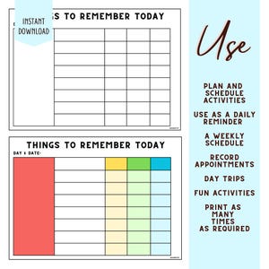 Op de afbeelding: Twee afdrukbare planners met de tekst "Things to Remember Today" en "Instant Download". E&eacute;n vel heeft een rode kolom en kleurgecodeerde secties. De andere heeft een raster voor dagelijkse taken.