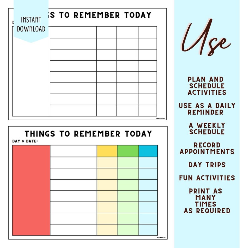 Op de afbeelding: Twee afdrukbare planners met de tekst "Things to Remember Today" en "Instant Download". E&eacute;n vel heeft een rode kolom en kleurgecodeerde secties. De andere heeft een raster voor dagelijkse taken.