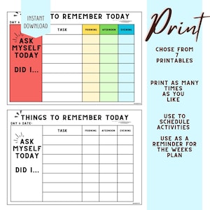 Op de afbeelding: Twee afdrukbare dagplannerbladen met de tekst "To Remember Today" en "Things to Remember Today". Elk blad heeft secties voor taken, ochtend, middag en avond. De afbeelding bevat ook de tekst "Instant Download" en "Print".
