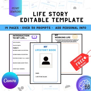 May include: A printable life story template with 19 pages and over 50 prompts. The template includes a section for an introduction to your life, a section for your working life, and a section for your life story book. The template is designed to help you document your life experiences and memories. The template is available for instant download and includes a free e-book.