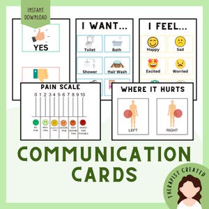 Pu&ograve; includere: Un set di schede di comunicazione con icone visive per bisogni, emozioni e livelli di dolore. Le schede includono etichette come I WANT, I FEEL, PAIN SCALE e WHERE IT HURTS, con illustrazioni di attivit&agrave; quotidiane, espressioni facciali e diagrammi.