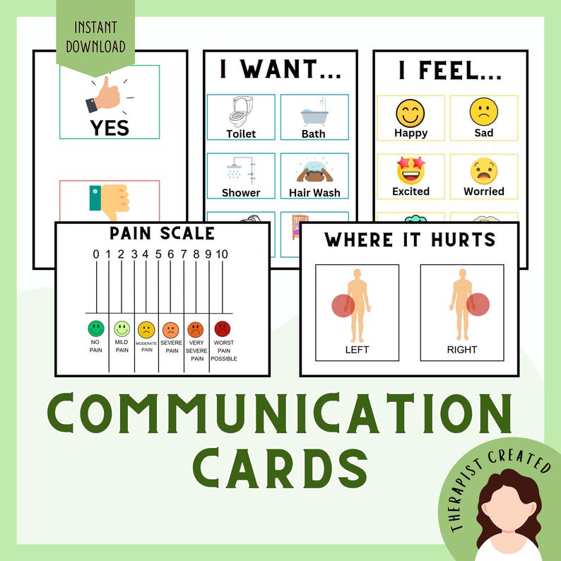 Pu&ograve; includere: Un set di schede di comunicazione con icone visive per bisogni, emozioni e livelli di dolore. Le schede includono etichette come I WANT, I FEEL, PAIN SCALE e WHERE IT HURTS, con illustrazioni di attivit&agrave; quotidiane, espressioni facciali e diagrammi.