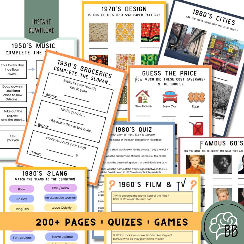 Reminiscence Bundle for Dementia Care, 1950, 1960, 1970, 1980's Games