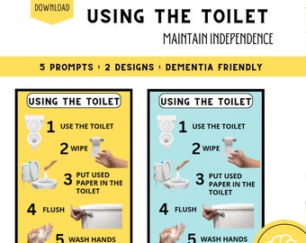 Op de afbeelding: Twee gele en blauwe visuele hulpmiddelen met witte illustraties en tekst. De tekst luidt "Toilet gebruiken" en somt vijf stappen op: Toilet gebruiken, afvegen, gebruikt papier in de toilet gooien, doorspoelen en handen wassen.