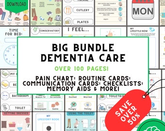 Dementia care bundle over 100 pages, communication chart, routine cards, flashcards, memory loss help, nursing supplies, general hospital