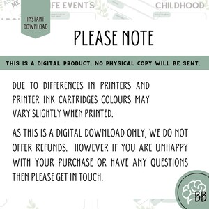 May include: A digital download printable with the text "Please Note" and a message about the product being a digital download and not a physical copy. The text also mentions that due to differences in printers and printer ink cartridges, colors may vary slightly when printed. The text also states that refunds are not offered, but if the customer is unhappy with their purchase or has any questions, they should get in touch.