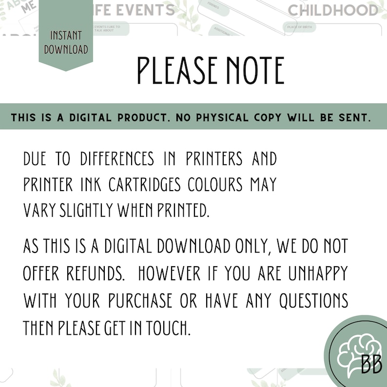 May include: A digital download printable with the text "Please Note" and a message about the product being a digital download and not a physical copy. The text also mentions that due to differences in printers and printer ink cartridges, colors may vary slightly when printed. The text also states that refunds are not offered, but if the customer is unhappy with their purchase or has any questions, they should get in touch.