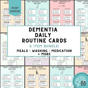 Pakiet wsparcia dla osób z demencją: Karty przypominające o chorobie Alzheimera do opieki domowej | Codzienne monity dotyczące aktywności: prysznic, posiłki, mycie zębów