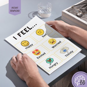 Puede incluir: Una tarjeta blanca con las palabras "I FEEL..." impresas en negro en la parte superior. La tarjeta est&aacute; dividida en seis secciones, cada una con una palabra de emoci&oacute;n diferente y un emoji. Las emociones son: Feliz, Triste, Preocupado, Emocionado, Hambriento y Sediento.
