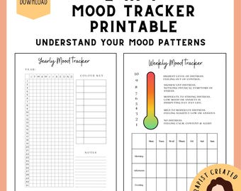 May include: A 2-in-1 mood tracker printable featuring a yearly mood tracker grid with a color key and notes section, alongside a weekly mood tracker with a thermometer-style scale from 1 to 10 and a daily log for morning, afternoon, and evening.