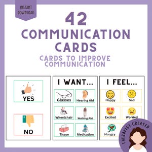 Peut inclure: Un ensemble de 42 cartes de communication avec du texte et des illustrations. Les cartes comprennent des sections intitulées YES, NO, I WANT et I FEEL, avec des icônes pour lunettes, appareil auditif, fauteuil roulant, déambulateur et émotions.
