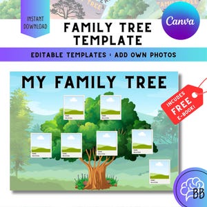 May include: A printable family tree template featuring a cartoon tree with photo placeholders. The template is titled "My Family Tree" and includes a free e-book. Editable templates: Add your own photos.