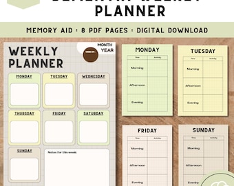 May include: A digital dementia weekly planner with a grid layout for each day of the week. The planner includes sections for morning, afternoon, and evening activities. The text "Instant Download" is in the upper left corner.