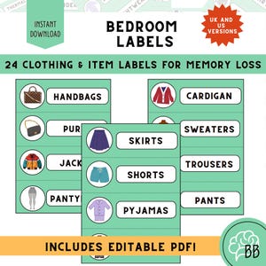 Bedroom picture labels for dementia, Large print reusable home safety signs, Daily living aid for dementia, Memory loss door Cabinet labels