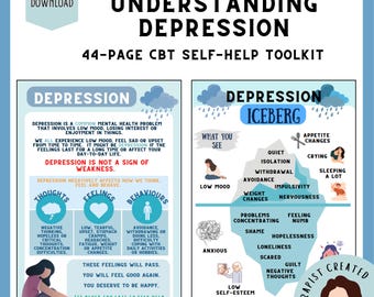 Può includere: Un kit di auto-aiuto TCC di 44 pagine intitolato Understanding Depression. Il documento presenta due infografiche educative: una che spiega i sintomi e i comportamenti della depressione e l'altra che illustra il concetto dell'iceberg della depressione.