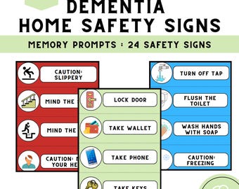 May include: Dementia home safety signs with memory prompts. The signs include instructions like "Turn off tap," "Lock door," and "Take wallet." The signs are in red, green, and blue, with illustrations and text for easy understanding. "Instant Download" is written at the top.