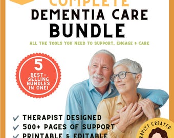 Könnte beinhalten: Ein digitales Dokumentenpaket mit dem Titel COMPLETE DEMENTIA CARE BUNDLE und dem Untertitel ALL THE TOOLS YOU NEED TO SUPPORT, ENGAGE & CARE. Es enthält ein rotes kreisförmiges Abzeichen mit der Aufschrift 5 BEST-SELLING BUNDLES IN ONE! sowie die Merkmale THERAPIST DESIGNED, 500+ PAGES OF SUPPORT und PRINTABLE & EDITABLE.