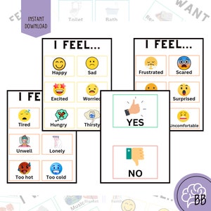 Puede incluir: Un conjunto de tarjetas coloridas con im&aacute;genes y texto para que los ni&ntilde;os expresen sus sentimientos. Las tarjetas incluyen palabras como "feliz", "triste", "cansado", "hambriento", "sed", "emocionado", "preocupado", "frustrado", "asustado", "sorprendido", "inc&oacute;modo", "enfermo", "solo", "demasiado caliente", "demasiado fr&iacute;o" y "s&iacute;" y "no".
