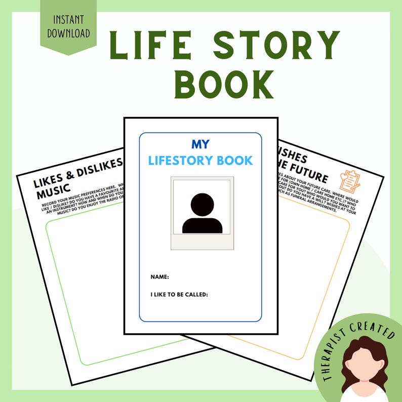 Pu&ograve; includere: Un modello di libro della storia della vita stampabile con una pagina di copertina centrale intitolata MY LIFESTORY BOOK con un segnaposto per foto e campi per il nome, affiancata da due pagine interne intitolate LIKES & DISLIKES MUSIC e WISHES FOR THE FUTURE.