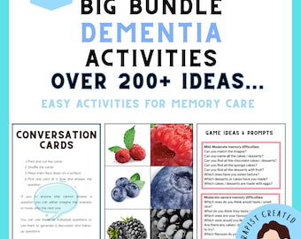 May include: A digital document titled Big Bundle Dementia Activities Over 200+ Ideas Easy Activities for Memory Care. It includes instructions for conversation cards, a grid of fruit images like raspberries and blueberries, and game prompts.