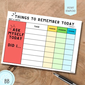 Op de afbeelding: Een witte afdrukbare dagplanner met de tekst "THINGS TO REMEMBER TODAY". Het bevat secties voor taken en tijdsperioden met de labels "Ochtend", "Middag" en "Avond". De planner heeft een rood-witte sectie met de tekst "ASK MYSELF TODAY".
