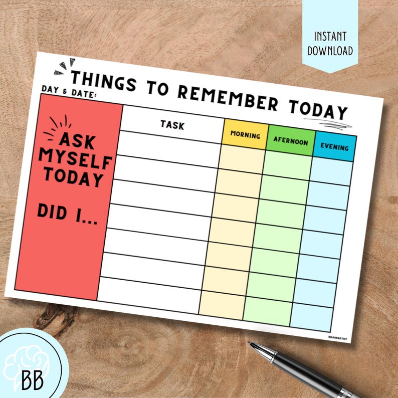 Op de afbeelding: Een witte afdrukbare dagplanner met de tekst "THINGS TO REMEMBER TODAY". Het bevat secties voor taken en tijdsperioden met de labels "Ochtend", "Middag" en "Avond". De planner heeft een rood-witte sectie met de tekst "ASK MYSELF TODAY".