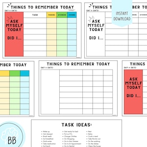 Op de afbeelding: Een set afdrukbare dagelijkse planners met de titel "Things to Remember Today". Elke planner heeft een sectie om de datum, taken en een checklist voor ochtend, middag en avond te schrijven. Taakidee&euml;n staan onderaan.