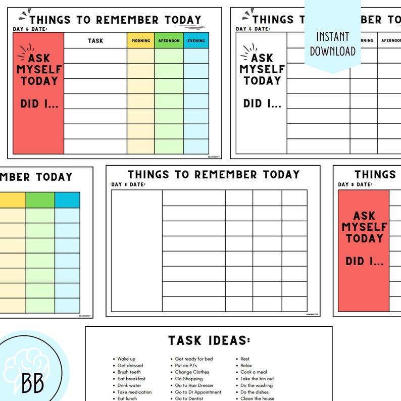Op de afbeelding: Een set afdrukbare dagelijkse planners met de titel "Things to Remember Today". Elke planner heeft een sectie om de datum, taken en een checklist voor ochtend, middag en avond te schrijven. Taakidee&euml;n staan onderaan.
