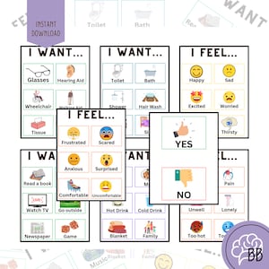 Puede incluir: Un conjunto de tarjetas de comunicaci&oacute;n coloridas para ni&ntilde;os con varias im&aacute;genes y texto. Las tarjetas est&aacute;n divididas en tres categor&iacute;as: "Quiero", "Siento" y "S&iacute;/No". Las tarjetas presentan im&aacute;genes de objetos, actividades y emociones comunes.