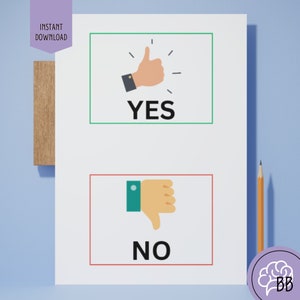 Puede incluir: Una tarjeta blanca con un borde verde y rojo alrededor de dos cuadros. El cuadro superior tiene un emoji de pulgar hacia arriba y la palabra "YES" en texto negro. El cuadro inferior tiene un emoji de pulgar hacia abajo y la palabra "NO" en texto negro.