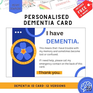Scheda di contatto di sicurezza e identificazione personalizzata per la demenza, PDF stampabile per emergenze per malattia di Alzheimer, perdita di memoria, assistenti, case di cura