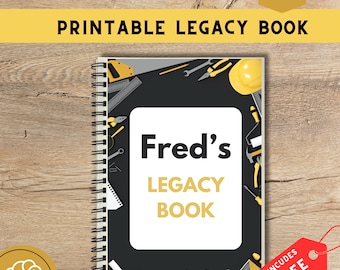 May include: A spiral-bound notebook titled "Fred's Legacy Book" with a black cover featuring construction tools. The notebook has a white central panel with the title in bold text. The image includes the text "Instant Download" and "Includes Free E-Book!"
